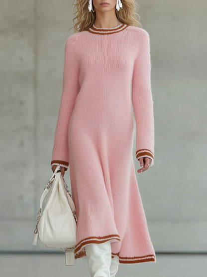 Robe Midi A-Line Tricotée Rose au Bord Brun Vintage