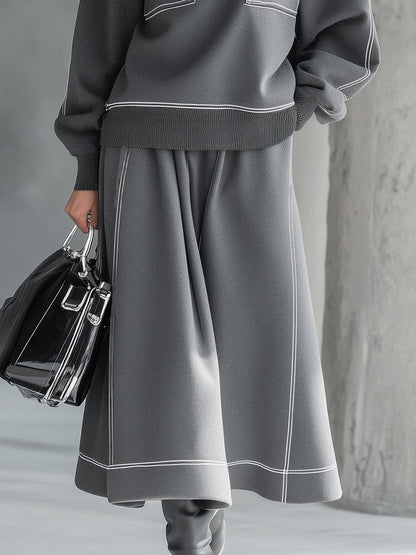 Pull Sportif Haut de Gamme à Col Roulé Gris avec Surpiqûres Blanches