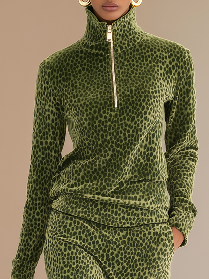 Ensemble Sportif en Velours à Col Montant avec Imprimé Léopard + Jupe