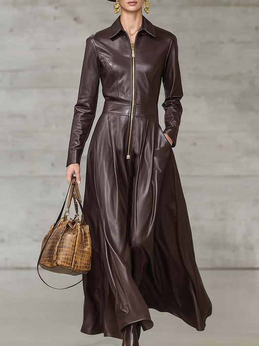 Robe Maxi en Cuir Marron Premium avec Fermeture Éclair Frontale et Manches Longues