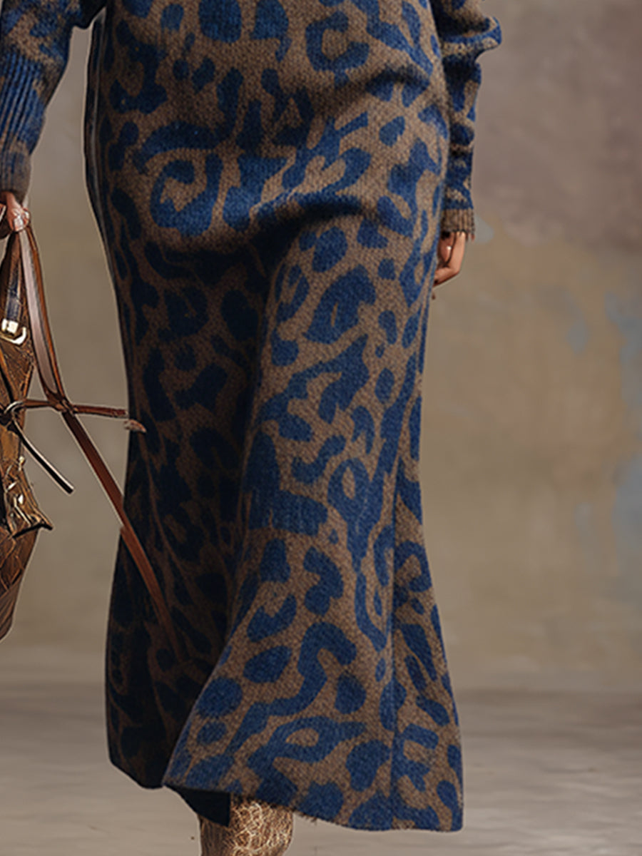 Robe Maxi Tricotée Imprimée Léopard Bleu et Marron - Style Ample et Élégant