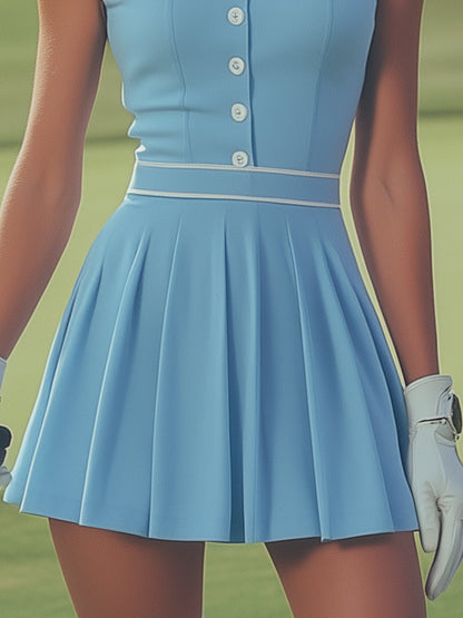 Robe Mini Sans Manches Bleu Bébé avec Détails de Boutons Blancs – Expédition en 24 Heures!