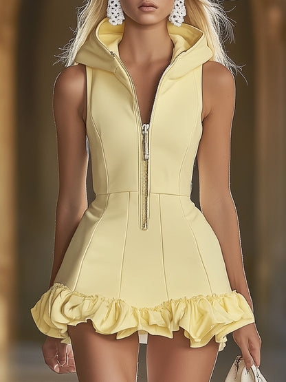 Robe Mini Sans Manches à Zip Avant avec Capuche et Volants - Slim Fit en Jaune Canard | Expédition Rapide sous 24h