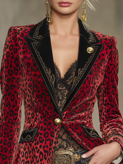 Veste en Velours Léopard Brodée avec Détails Contrastants Élégants