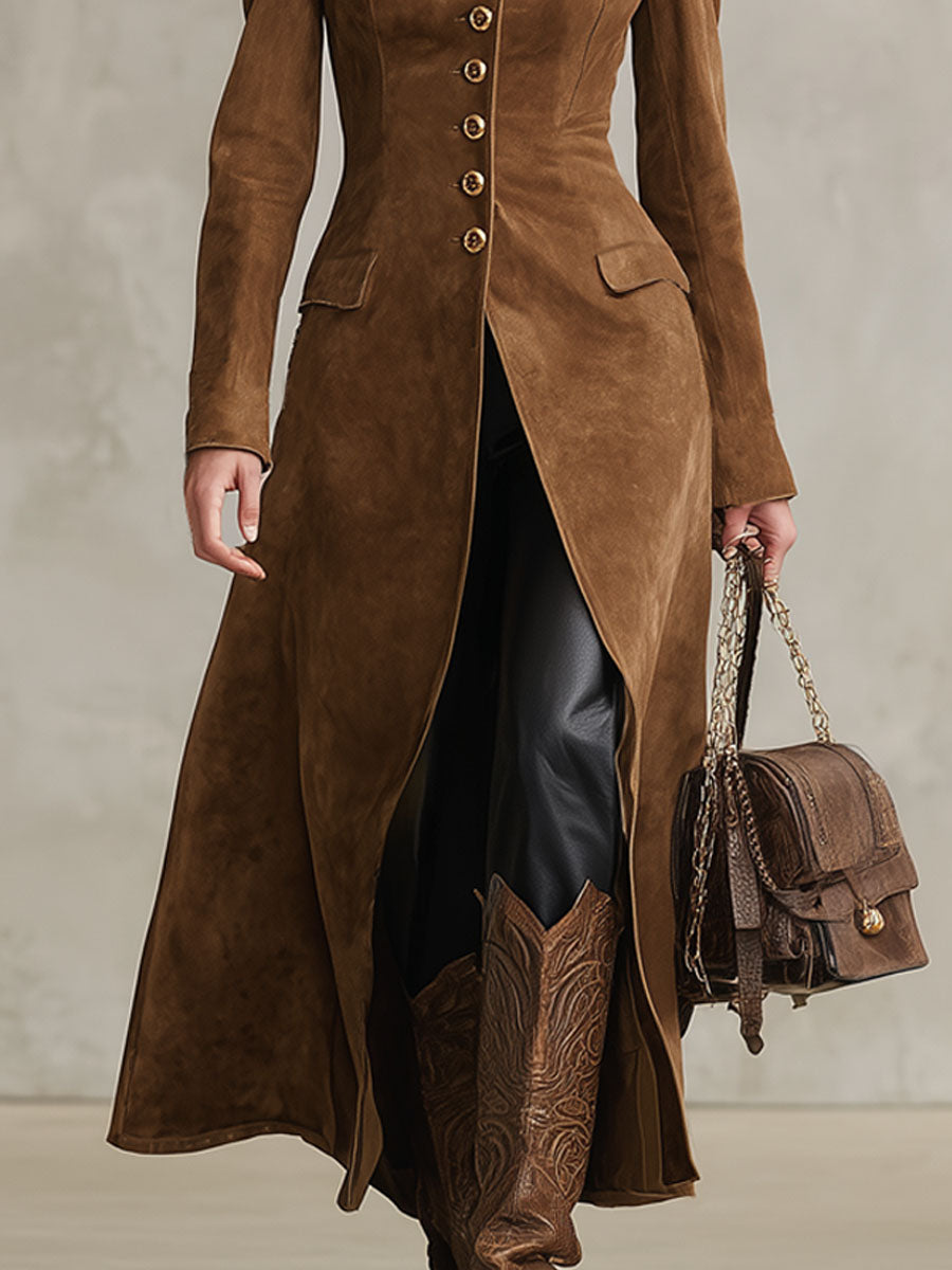 Veste Western en Faux Daim avec Revers et Boutonnage Simple