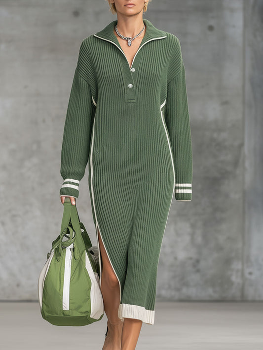 Robe Midi Tricotée Verte à Fente avec Éléments Blancs - Élégance Décontractée et Tendance