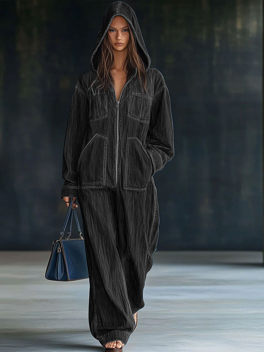 Salopette en denim rétro à capuche - Manches longues et poches pratiques, expédition sous 24 heures !