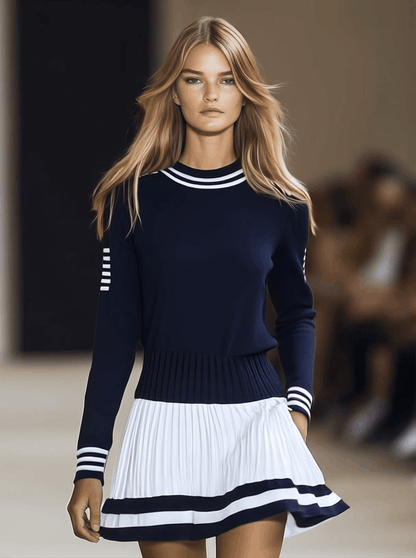 Robe Mini Sportive à Col Rond Bicolore Bleu Marine et Blanc - Expédition Rapide en 24 Heures
