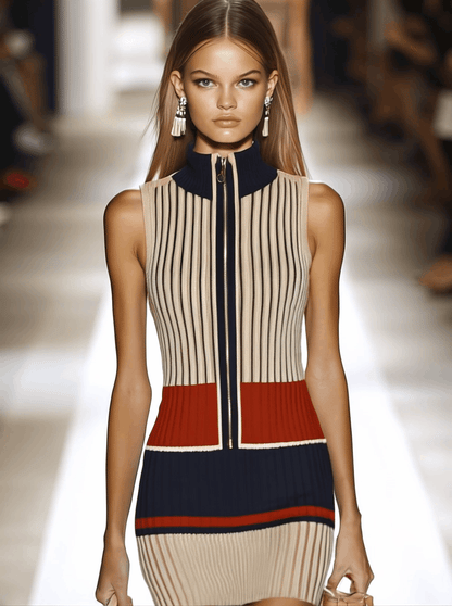 Robe Mini Tricot Sans Manches à Rayures Contrastées - Style Rétro Décontracté, Expédition Rapide sous 24h