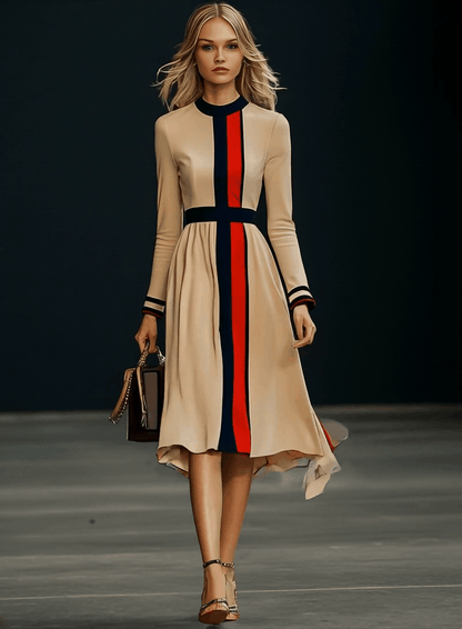 Robe Midi Élégante à Manches Longues en Colorblock - Expédition Rapide en 24 Heures