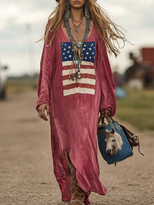 Robe Maxi Décontractée en Coton Rose avec Imprimé Drapeau Vintage - Livraison en 24 Heures