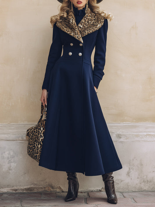 Chic Manteau Bleu Marine en Laine avec Col en Fausse Fourrure Imprimé Léopard