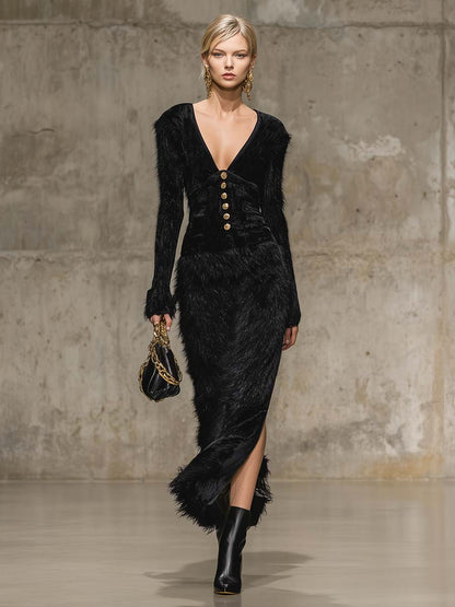 Robe Maxi Élégante au Col V Rétro avec Boucle Métallique, Épaules en Velours Noir et Ourlet en Fourrure Synthétique