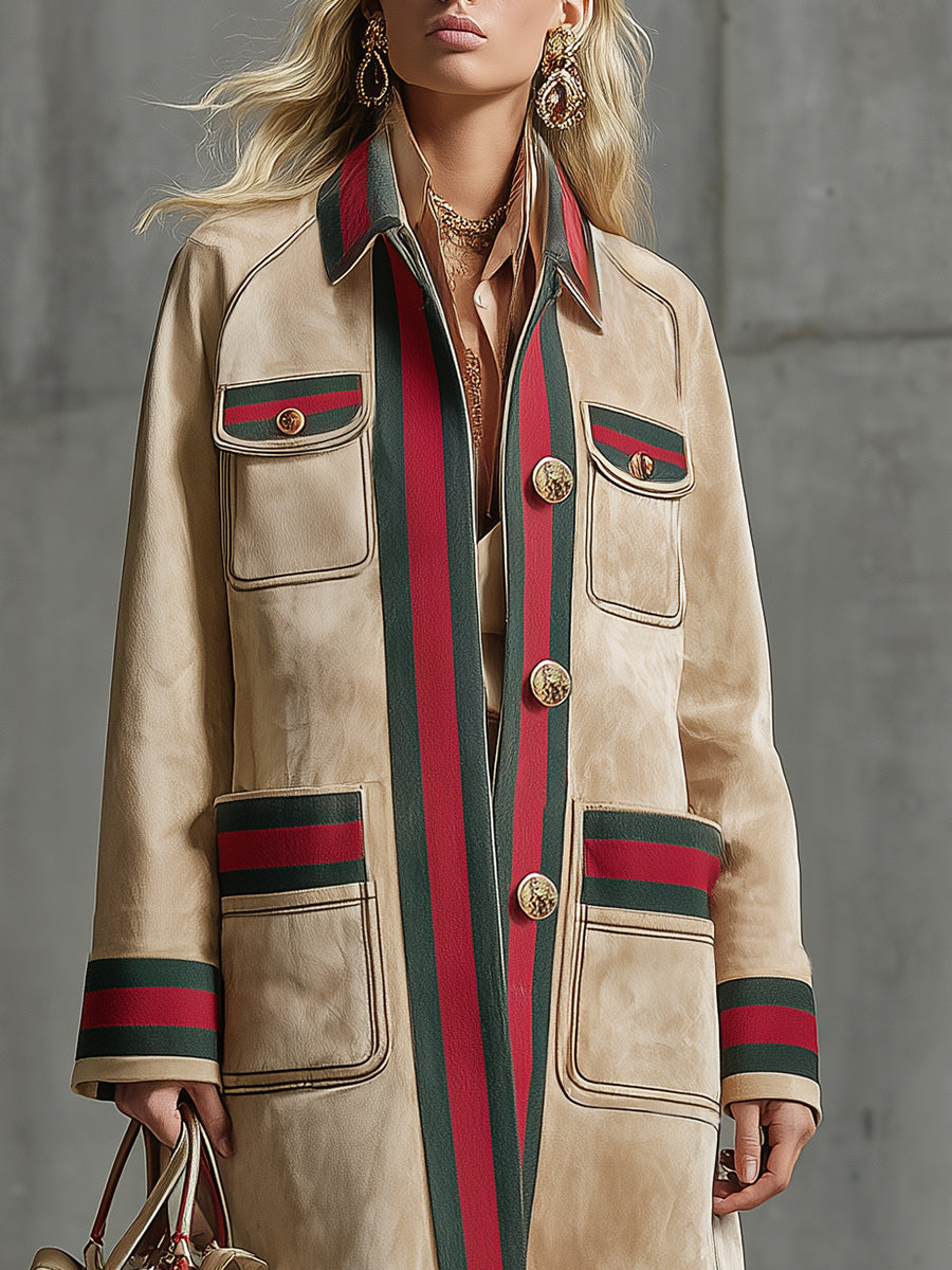 Veste en Faux Suède Beige avec Détails en Ruban Rouge et Vert - Élégance Simple