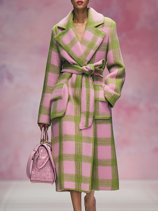 Chic et Élégant Manteau Long en Laine à Motif Carreaux
