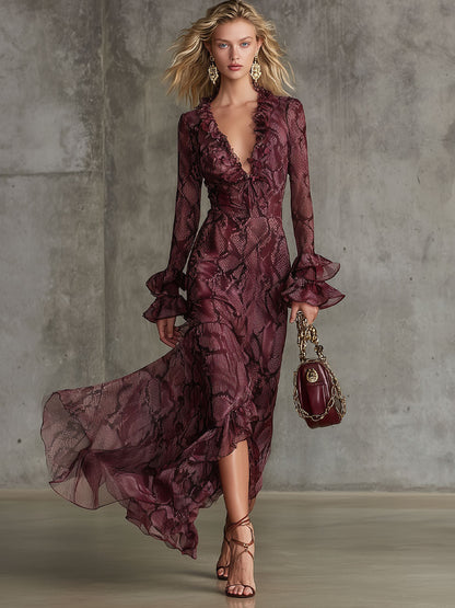 Élégante Robe Maxi Longue en Chiffon Éléphant avec Motif Serpent Bordeaux