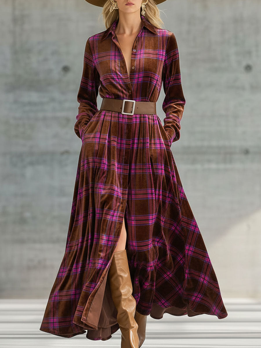 Robe Maxi en Velours à Lacets avec Motif Rétro à Carreaux Roses et Marron