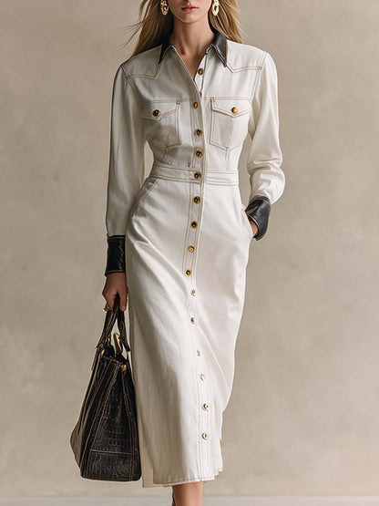 Robe Maxi en Denim Blanc Élégante avec Détails en Cuir : Chic et Tendance