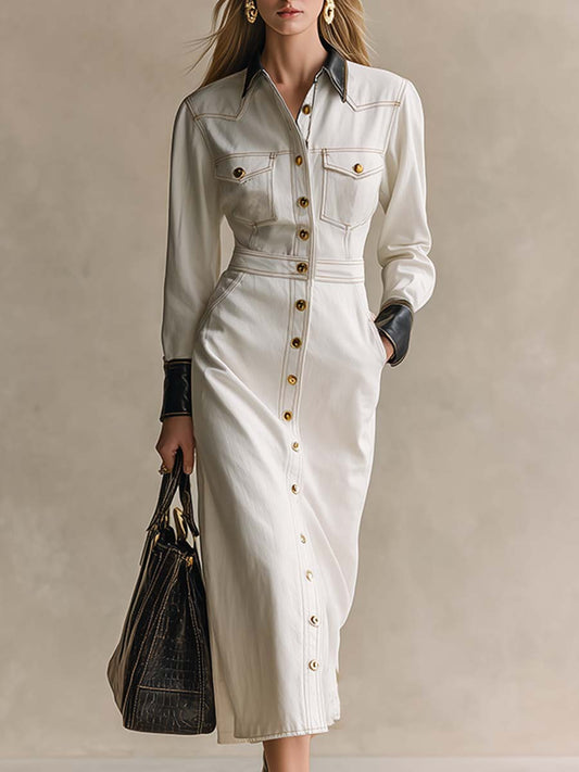 Robe Maxi en Denim Blanc Élégante avec Détails en Cuir : Chic et Tendance