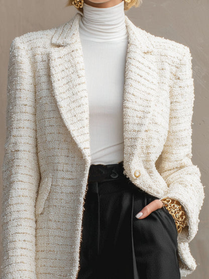 Tweed Blazer avec Revers, Bouton Unique et Double Poche