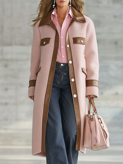 Long Rose en Polaire avec Détails en PU Marron - Style Western Rétro