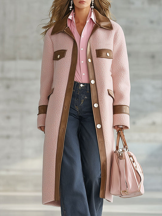 Long Rose en Polaire avec Détails en PU Marron - Style Western Rétro