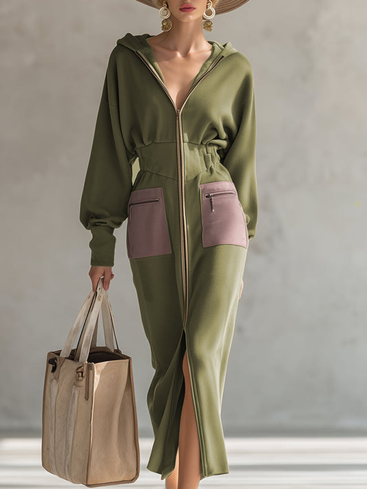 Robe Maxi Élégante à Manches Longues avec Capuche et Fermeture Éclair en Olive – Silhouette Affinée