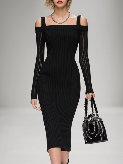 Robe Midi Chic en Tricot Côtelé à Manches Longues