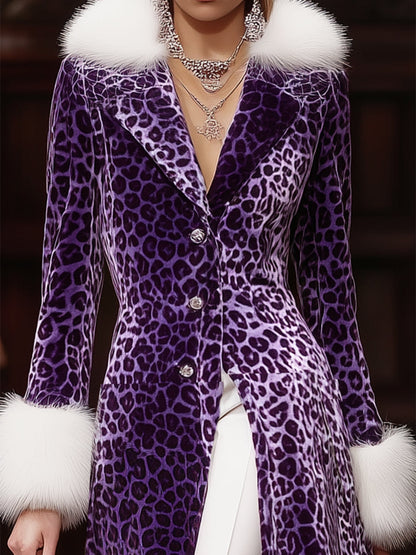 Long Velvet Leopard Print Coat in Purple with Luxurious Faux Rabbit Fur
