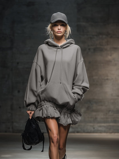 Robe Mini Sweat Grise à Capuche avec Ourlet Élastique - Style Décontracté et Tendance