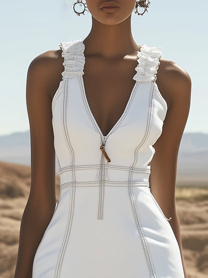 Robe Mini en Denim Blanc : Décontractée, avec Fermeture Éclair et Volants – Expédition en 24 Heures !