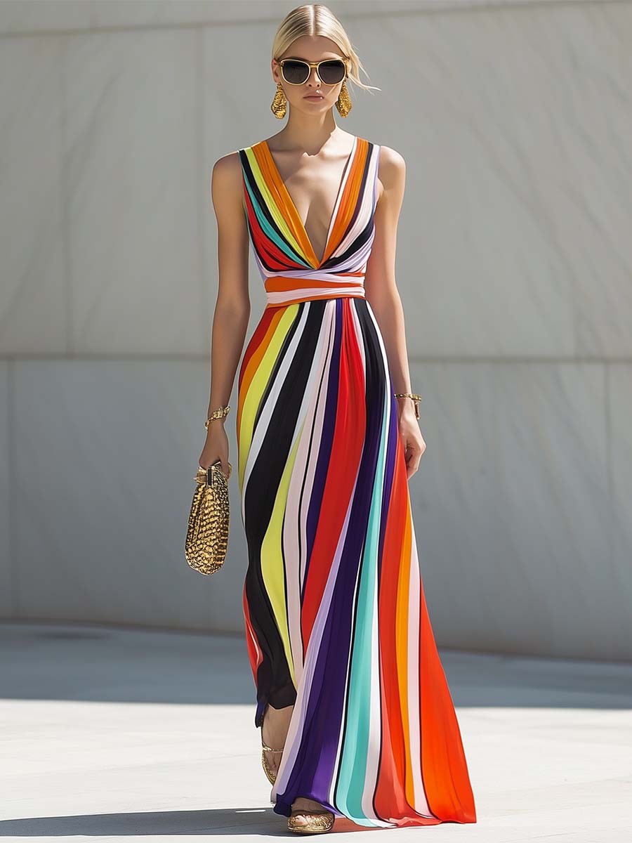 Robe Maxi Chiffon Arc-en-Ciel à Rayures - Décolleté en V Élégant, Expédition en 24 Heures!