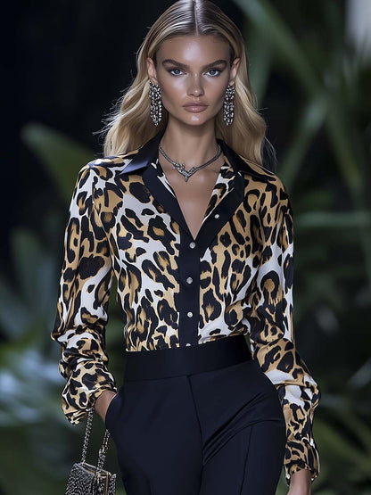 Chemise Satinée Imprimée Léopard avec Finitions Élégantes en Noir