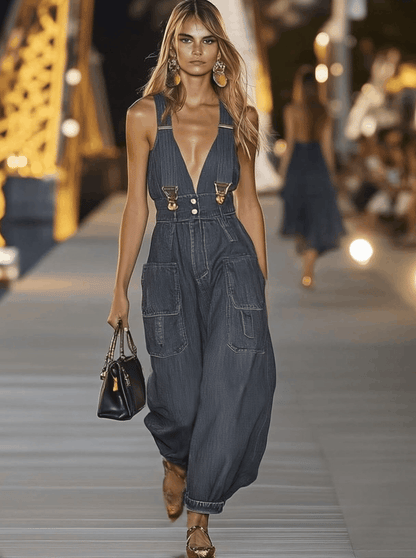 Expédition rapide en 24 heures : Salopette en denim décontractée avec décolleté en V