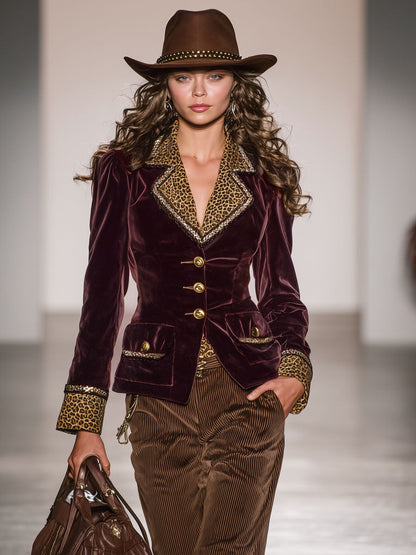 Veste en velours rétro à imprimé léopard avec boutonnage simple