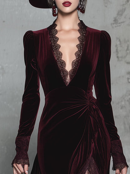 Élégante Jupe Longue en Velours Bordeaux avec Décolleté en V et Détails en Dentelle