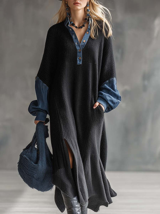 Robe Maxi Noire Tricotée Décontractée avec Accents en Denim