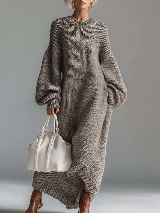 Chic et Urbaine : Robe Maxi Tricotée Khaki à Col Rond