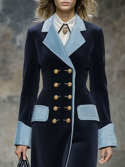 Veste Longue en Velours Bleu Rétro avec Finitions en Velours Marine