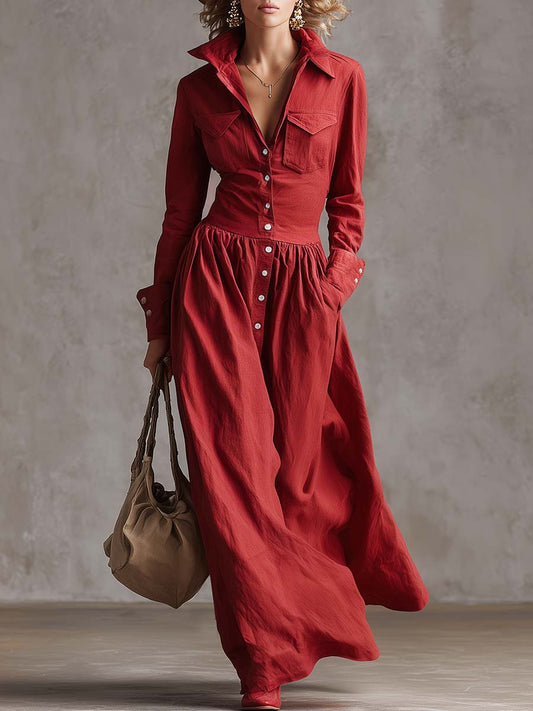 Robe Maxi Élégante en Coton et Lin Rouge - Style Veste de Vent avec Détails à Boutons