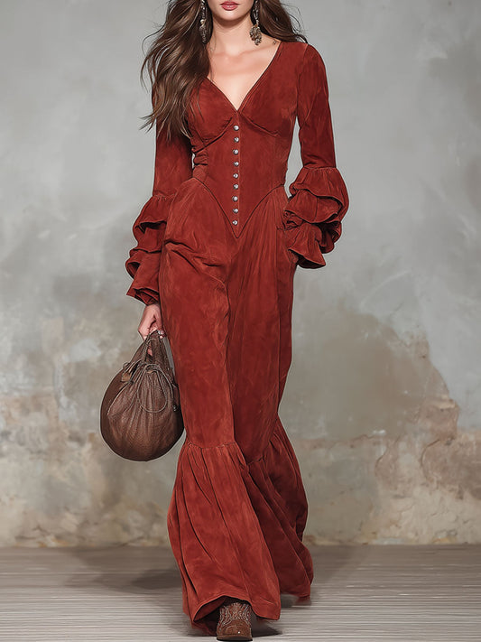 Robe Combinaison Vintage à Col en V avec Détails Boutonnés et Volants