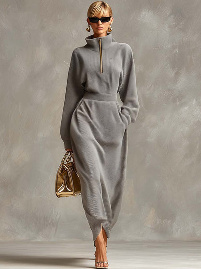 Robe Maxi Waffle Gris Clair : Élégance à Col Revers et Manches Longues avec Fermeture Éclair