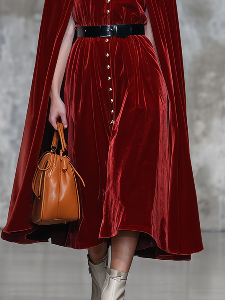 Ensemble Vintage en Velours Rouge avec Capuche et Col en Fourrure