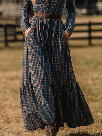 Robe Maxi Longue en Velours Retro Western à Motif Carreaux Bleus et Marron avec Détails à Lacets