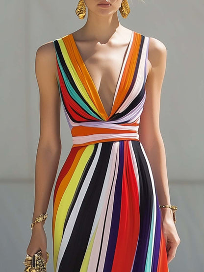 Robe Maxi Chiffon Arc-en-Ciel à Rayures - Décolleté en V Élégant, Expédition en 24 Heures!