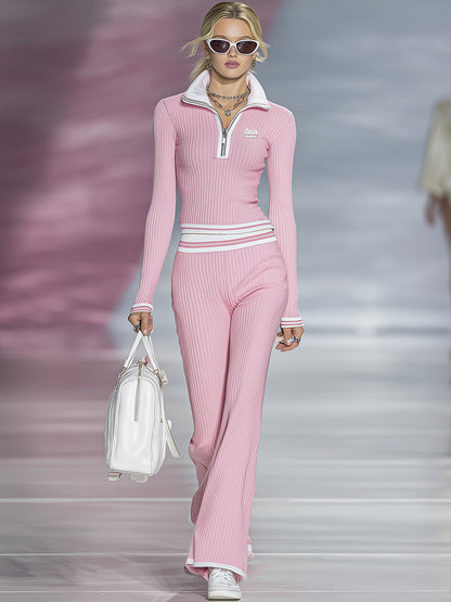 Ensemble Sportif Chic : Haut et Pantalon à Zip Demi-Ouvert en Rose