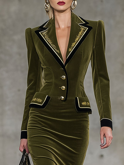 Robe Midi Rétro en Velours Vert avec Col Élégant