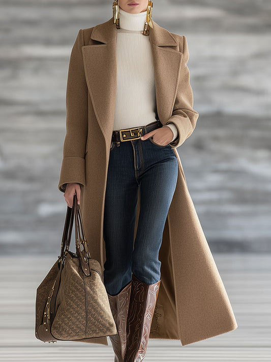 Veste Longue en Laine Kaki Foncé au Style Rétro avec Col Oversize