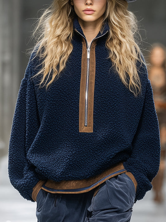Pull Fleece Teddy Bleu avec Détails Marron Rétro et Tendance