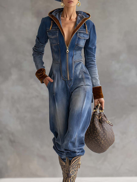 Combinaison Vintage Western en Velours Denim Bleu avec Capuche et Col V Zippé